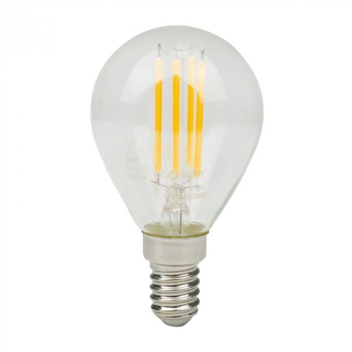 Żarówka LED filament E14 6W w kształcie kulki, z przezroczystą szklaną obudową i ciepłą białą barwą światła. Wewnątrz cztery cienkie włókna LED w kolorze żółtym. Podstawa metalowa, mocowanie E14. Produkt prezentowany frontalnie na białym tle.