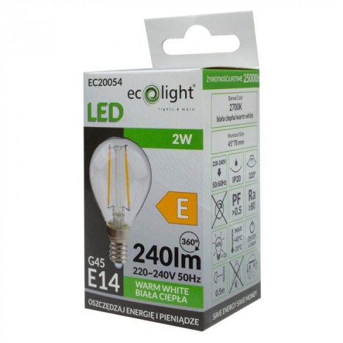 Żarówka LED filament KULKA E14 2W ciepła biała (ww) - Ecolight EC20054