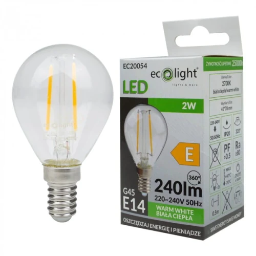 Żarówka LED filament KULKA E14 2W ciepła biała, o kształcie kulistym, z przezroczystą szklaną obudową i dwoma cienkimi włóknami, umieszczona obok opakowania, z widocznym napisem Ecolight oraz parametrami technicznymi.