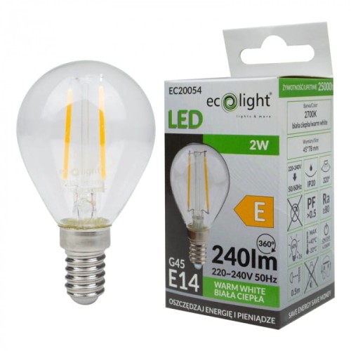Żarówka LED filament KULKA E14 2W ciepła biała (ww) - Ecolight EC20054