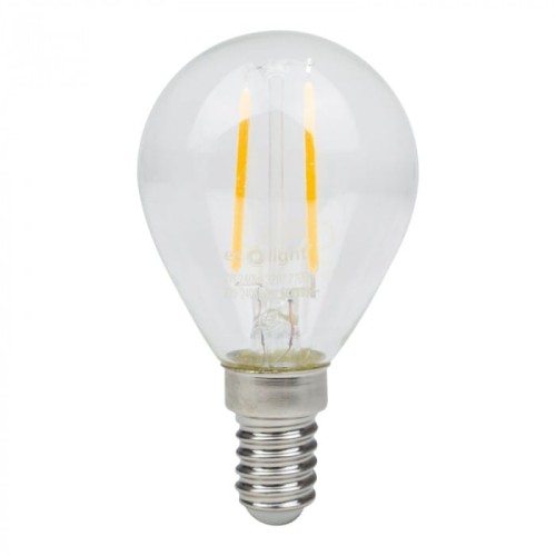 Żarówka LED filament KULKA E14 2W w ciepłej białej barwie, z przezroczystą kulistą szklaną obudową. Widoczne dwa żarniki w formie filamentów. U podstawy metalowy gwint E14. Produkt stoi w pozycji pionowej na białym tle.