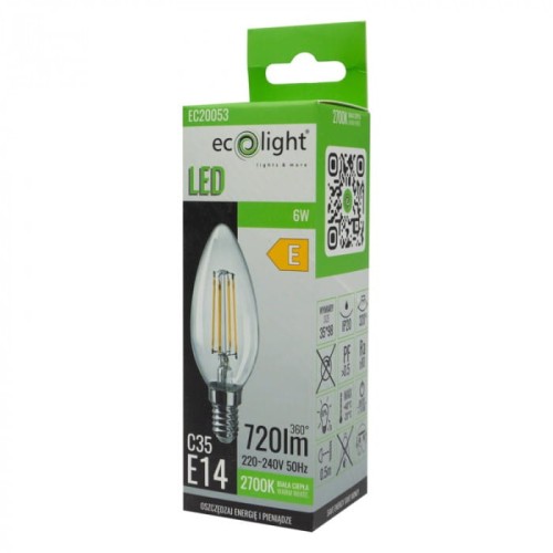 Żarówka LED filament ŚWIECZKA E14 6W ciepła biała (ww) - Ecolight EC20053