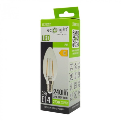 Żarówka LED filament w kształcie świeczki E14, moc 2W, emitująca ciepłe białe światło (2700K). Widoczna na opakowaniu z informacjami o energii, lumenach (240lm) oraz klasie efektywności (E). Opakowanie w kolorach zielonym i czarnym.