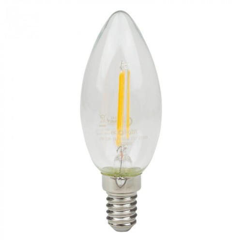 Żarówka LED filament w kształcie świeczki E14 o mocy 2W, emitująca ciepłe białe światło. Szklana obudowa z widocznym filamentem w postaci żółtej nitki. Gwint E14, prosta, elegancka forma, idealna do dekoracyjnego oświetlenia.