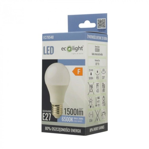 Żarówka LED E27 15W o zimnej białej barwie (6500K) z mocą 1500 lm. Posiada standardowy gwint E27, umieszczona w kartonowym opakowaniu z informacjami o efektywności energetycznej i danych technicznych.