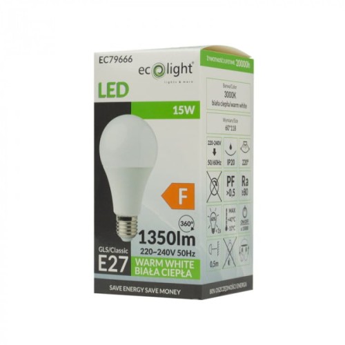 Żarówka LED E27 15W w ciepłej białej barwie (3000K), z mocą 1350 lumenów. Okrągła, matowa obudowa, z gwintem E27. Widoczna informacja o żywotności 20 000 godzin oraz klasyfikacja energetyczna F. Opakowanie z zielonym logo Ecolight.