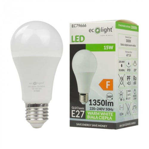 Żarówka LED E27 15W w kolorze ciepłej białej (3000K), o mocy 1350 lumenów, umieszczona obok opakowania. Żarówka ma klasyczny kształt, gładką, matową powierzchnię oraz gwint E27. Opakowanie z informacjami o produkcie i logo Ecolight.