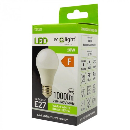 Żarówka LED E27 10W o białym ciepłym świetle (3000K). Widoczna z boku, ma okrągły kształt i metalowy gwint. Opakowanie zawiera informacje o jasności 1000 lm i zasięgu 360°. Kolor zielony na górze opakowania z logo Ecolight.