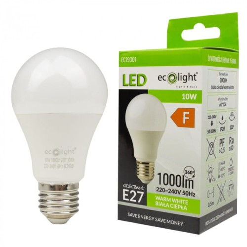 Żarówka LED E27 10W w kolorze białym ciepłym (3000K) o jasności 1000 lm, z gwintem E27. Ujęcie frontalne, produkt leżący obok opakowania z informacjami o specyfikacji. Opakowanie z zieloną grafiką i logo Ecolight.