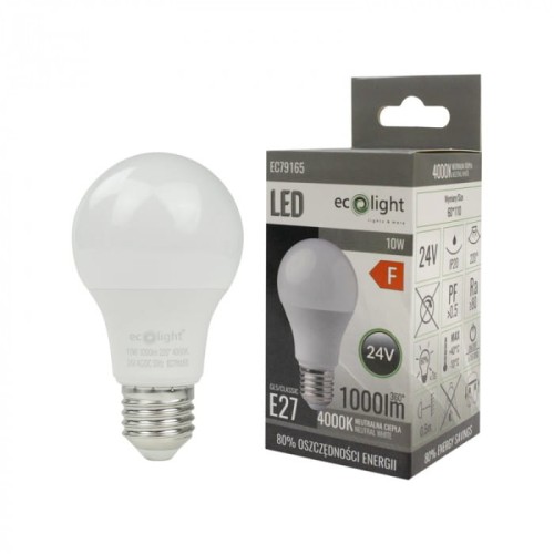 Żarówka LED E27 10W w neutralnej białej barwie, z matowym kloszem. Widoczna etykieta z informacjami o klasie energetycznej F oraz parametrach: 1000 lm, 4000K. Produkt stojący obok opakowania z graficznymi oznaczeniami i logo Ecolight.