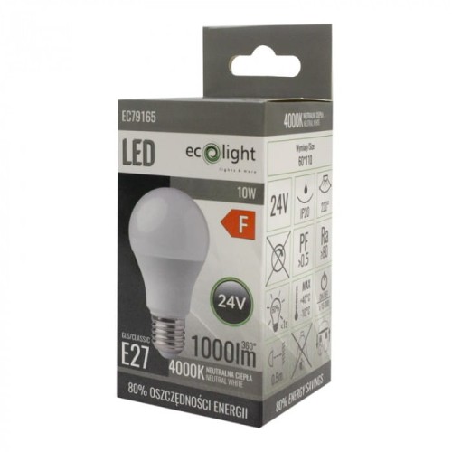 Żarówka LED E27 10W z oprawą białą, emitująca neutralne białe światło (4000K). Widoczna etykieta z logo Ecolight oraz informacjami o wydajności energetycznej. Produkt w pozycji stojącej, umieszczony w kolorowym opakowaniu z przezroczystym oknem.