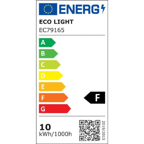 Etykieta energetyczna żarówki LED E27 10W neutralna biała. Wskazuje klasę energetyczną F oraz zużycie 10 kWh/1000h. Widoczne symbole A-G oraz kod produktu EC79165. Prosty, biały tło z niebieskim logo Eco Light.