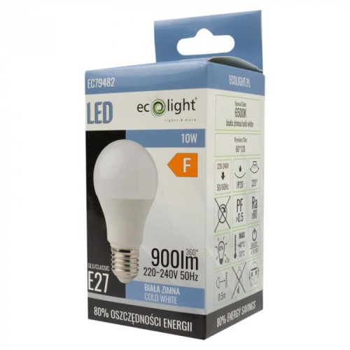 Żarówka LED E27 10W o zimnej białej barwie światła, z mocą 900 lumenów. Widoczna na opakowaniu, w kształcie kulistym, z informacjami o zużyciu energii i parametrach technicznych. Opakowanie w kolorze niebieskim z logo Ecolight.
