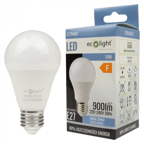 Żarówka LED E27 10W, zimna biała, z opakowaniem. Kulista forma, średnica około 6 cm, z gwintem E27. Na opakowaniu widoczne informacje o mocy 10W, strumieniu świetlnym 900 lm oraz klasie energetycznej F.