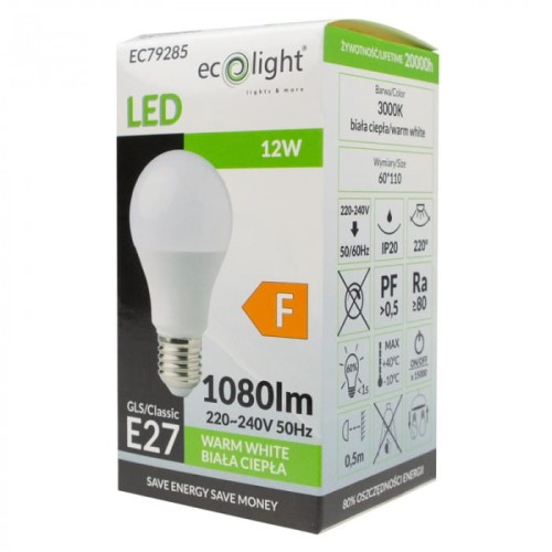Żarówka LED E27 o mocy 12W, ciepła biała (3000K), jasność 1080 lm. Klasyczna forma, wymiary 60x110 mm. Opakowanie z etykietą energetyczną, kolor dominujący biały. Widoczna informacja o żywotności 20 000 godzin.