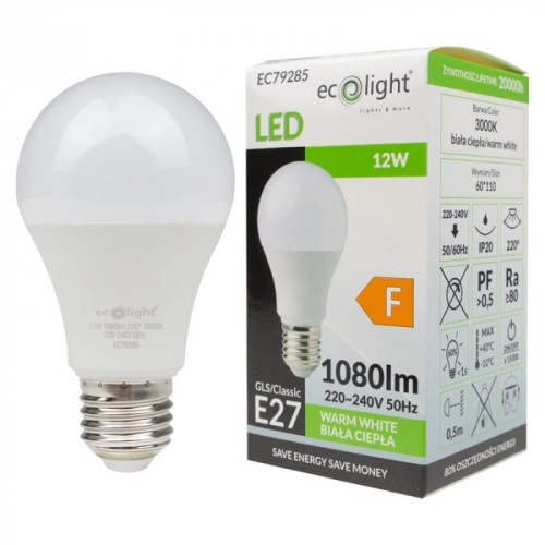Żarówka LED E27 o mocy 12W, emitująca ciepłe białe światło (3000K). Ma okrągły kształt, mleczną powłokę i gwint E27. Obok znajduje się opakowanie z informacjami technicznymi i logo Ecolight. Wymiary: 60x110 mm.