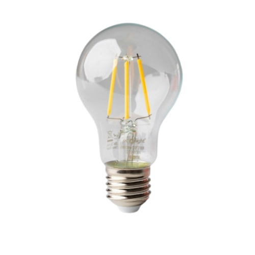 Żarówka LED filament E27 6W w ciepłej białej barwie. Szklana obudowa z widocznymi żółtymi włóknami wewnątrz. Gwint E27, okrągły kształt, umieszczona w pozycji stojącej na białym tle. Idealna do domowego oświetlenia.
