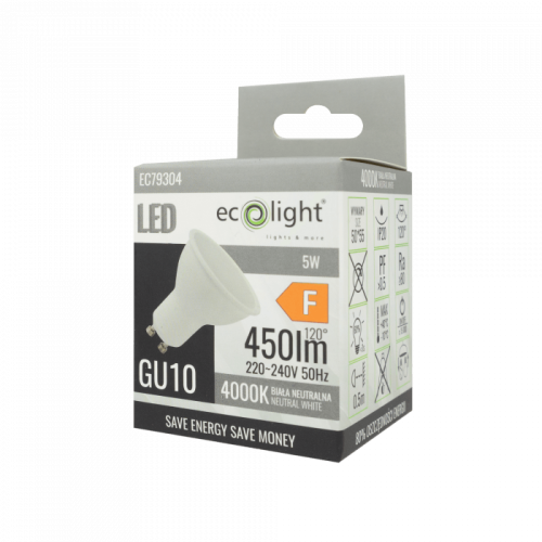 Żarówka LED GU10 5W z mleczną szybką, neutralna biała (4000K). Opakowanie zawiera informacje o mocy, jasności (450 lm) i napięciu (220-240V). Kąt świecenia 120°. Widok z boku, prezentujący produkt w kartonowym opakowaniu z uchwytem.