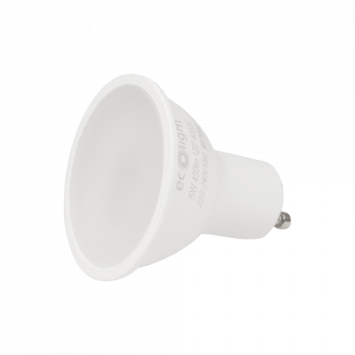 Żarówka LED GU10 5W w neutralnej bieli z mleczną szybą, o cylindrycznym kształcie, z metalowymi stykami na końcu. Widok z boku, pod kątem, ukazujący logo oraz parametry techniczne na obudowie.