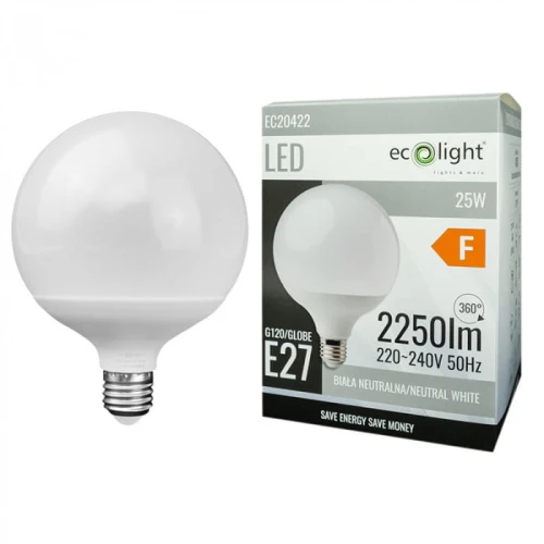 Żarówka LED KULA E27 25W o neutralnej białej barwie, w kształcie kuli, z trzonkiem E27. Widoczna obudowa w matowym białym kolorze, obok opakowanie z informacjami o mocy i jasności 2250 lm. Produkt przeznaczony do oświetlenia wnętrz.