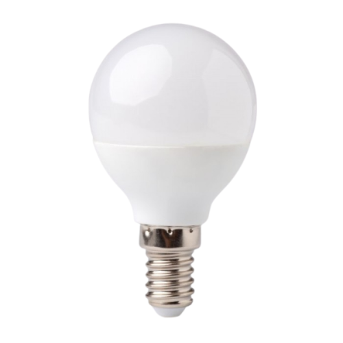 Żarówka LED KULKA E14 7W w kształcie okrągłej kulki, z metalowym gwintem E14. Obudowa biała, matowa, emitująca zimne białe światło. Produkt stoi w pozycji pionowej na białym tle.
