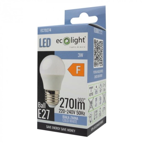 Żarówka LED KULKA E27 3W w zimnym białym kolorze, emitująca 270 lumenów przy napięciu 220-240V. Okrągły kształt, umieszczona w kartonowym opakowaniu z informacjami technicznymi i logo Ecolight.