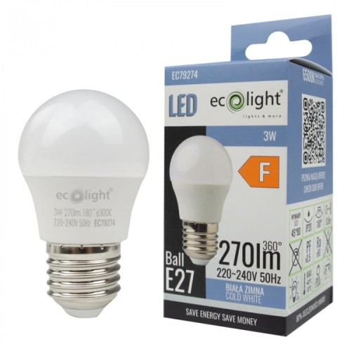 Żarówka LED KULKA E27 3W zimny biały, z białą, kulistą obudową. Widoczny gwint E27, oznaczenia na korpusie oraz kolorowa opakowanie z informacjami o parametrach. Produkt w pozycji stojącej, z boku opakowania.