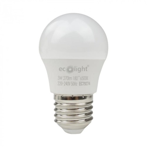 Żarówka LED E27 3W z kulistym kloszem w białym kolorze. Posiada moc 3W, jasność 270lm i temperaturę barwową 6500K. Widoczny gwint E27, materiał klosza to tworzywo sztuczne, a podstawa metalowa. Ujęcie frontalne na białym tle.