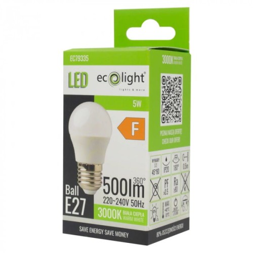 Żarówka LED KULKA E27 5W o ciepłej białej barwie (3000K) w opakowaniu, z mocą 500 lumenów. Widoczny gwint E27, informacje o napięciu 220-240V oraz efektywności energetycznej F na zielonym tle.