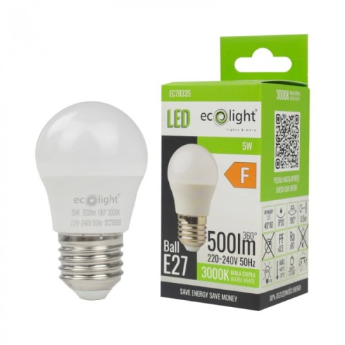 Żarówka LED KULKA E27 5W ciepła biała, o okrągłym kształcie, z białą, półprzezroczystą obudową. Widoczna jest metalowa podstawka E27. W zestawie znajduje się zielone opakowanie z informacjami o produkcie, w tym moc 5W i temperatura barwowa 3000K.
