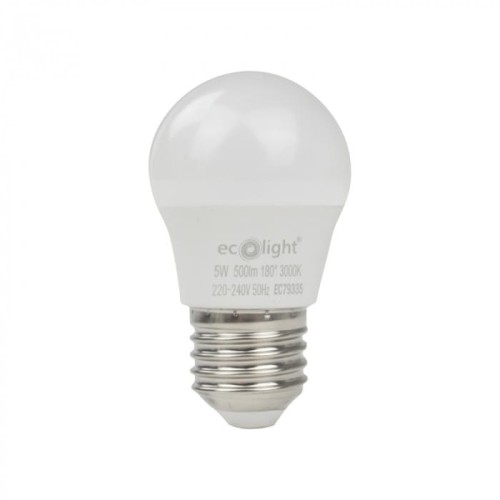 Żarówka LED kulka E27 5W w ciepłej białej barwie. Posiada okrągły kształt z białą, matową obudową i metalowy gwint. Widoczne oznaczenia producenta ecolight oraz parametry techniczne. Ujęcie frontalne, stojąca.