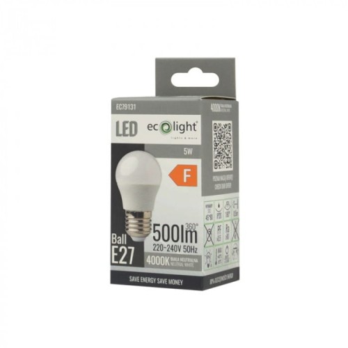 Żarówka LED KULKA E27 5W neutralna biała (nw) - Ecolight EC79131
