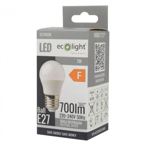 Żarówka LED KULKA E27 7W w neutralnej bieli, z opakowaniem. Widoczna kula żarówki z białą, matową powierzchnią, umieszczona na metalowym gwincie. Na opakowaniu znajduje się logo Ecolight oraz informacje o mocy i jasności (700 lm).