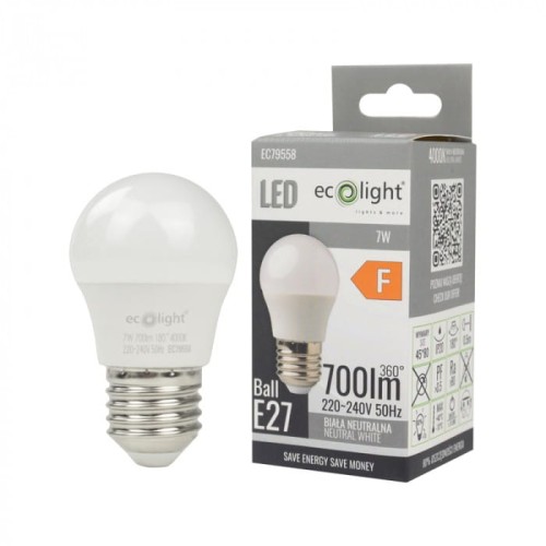 Żarówka LED E27 7W w kształcie kulki, neutralna biała, z białą, gładką obudową. Widoczny gwint E27 oraz oznaczenia na opakowaniu, w tym moc 7W i strumień świetlny 700 lm. Produkt umieszczony obok kartonowego opakowania.