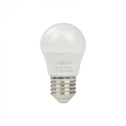 Żarówka LED KULKA E27 7W w neutralnej białej barwie. Okrągły kształt, matowa powierzchnia. Widoczny gwint E27, logo Ecolight oraz dane techniczne na podstawie. Ujęcie frontalne, produkt stoi w pionie.