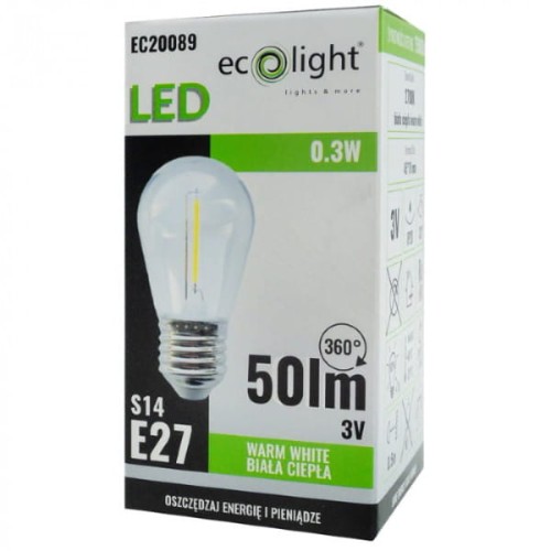 Żarówka LED KULKA filament E27 o mocy 0,3W, ciepła biała, z możliwością 360° świecenia. Widoczna na opakowaniu z informacjami o jasności 50lm i napięciu 3V. Opakowanie z logo ecoplight i oznaczeniami ekologicznymi.