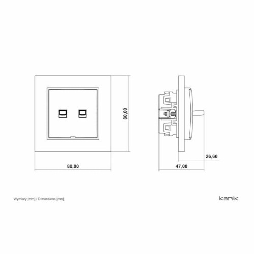 Czarny podwójny łącznik schodowy Karlik MINI w stylu amerykańskim. Wymiary: 80x80 mm. Widok frontalny z widocznymi dwoma otworami do podłączenia. Z boku z pokazanym mechanizmem. Prosty design pasujący do nowoczesnych wnętrz.