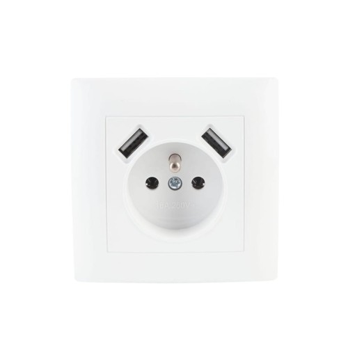 Gniazdo pojedyncze z uziemieniem i dwoma portami USB, białe, prostokątne, z widocznym otworem na wtyczkę oraz napisami „16A 250V”. Ujęcie frontalne, produkt zamontowany w ramce.
