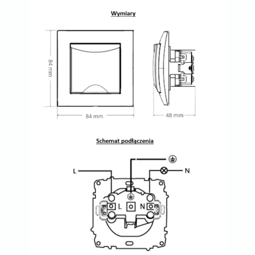 Gniazdo pojedyncze WESA z uziemieniem z klapką, prostokątne o wymiarach 84 mm x 84 mm, z widocznym schematem podłączenia i oznaczeniami L, N. Rysunek techniczny.