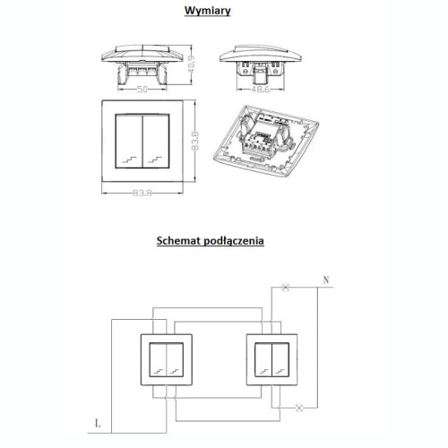 Łącznik schodowy podwójny WESA w kolorze białym z ramką o wymiarach 83,8 x 83,8 mm. Rysunek techniczny.