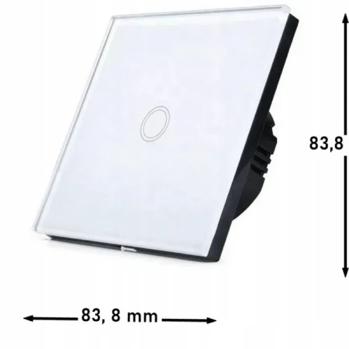 Łącznik dotykowy szklany WESA w kolorze białym, o wymiarach 83,8 mm x 83,8 mm. Rysunek techniczny.
