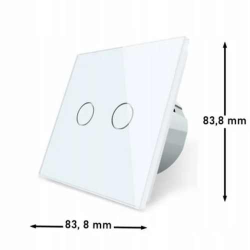 Podwójny łącznik dotykowy WESA w kolorze białym, wykonany ze szkła. Kwadratowy kształt z dwoma okrągłymi przyciskami. Wymiary: 83,8 mm x 83,8 mm. Produkt montowany na ścianie, widoczny z przodu.