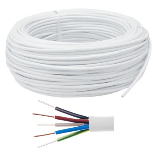 Przewód YDY żo 5x1,5 mm² w białej izolacji, na krążku o długości 100 mb, z pięcioma żyłami w różnych kolorach (brązowa, niebieska, czarna, zielona, żółta) widocznymi na odciętym końcu.