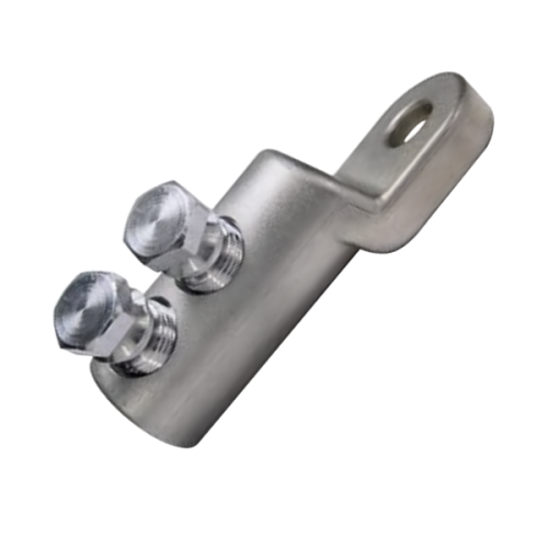 Końcówka śrubowa CSK 50-150 w kolorze metalicznym, z dwoma gwintowanymi śrubami oraz otworem do montażu. Produkt widoczny z boku, na białym tle, z wyraźnymi detalami śrub oraz gładką powierzchnią.