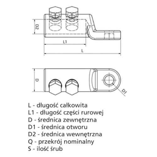 Końcówka śrubowa CSK 95-240, metalowa, z dwoma otworami na śruby. Widok z góry i z boku, pokazujący wymiary: długość całkowita (L), długość części rurowej (L1), średnice (D, D1, D2). Kąt prosty w konstrukcji, przeznaczona do montażu.