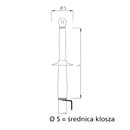 Głowica wewnętrzna CHE-I 24kV 70-240, w widoku frontowym, z metalowym mocowaniem na górze i cylindrycznym kształtem. Widoczne wymiary oraz oznaczenie Ø S = średnica klosza na dole. Produkt wykonany z materiałów izolacyjnych.