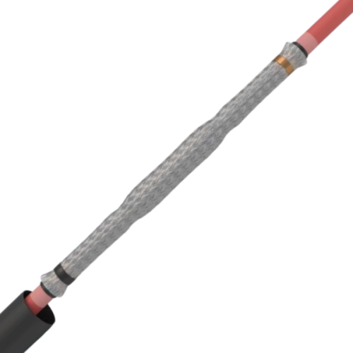 Mufa kablowa 24JTS1 M95-240.F25rs, 12/20 kV, z widocznym szarym oplotem oraz czarnym i czerwonym wykończeniem. Produkt leży poziomo, ukazując szczegóły konstrukcji oraz łączenia kabli.