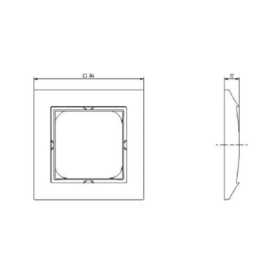 Srebrna ramka pojedyncza Ospel Impresja, o kwadratowym kształcie, z widocznymi wymiarami 86x86 mm i głębokością 12 mm. Ramka ma gładką, metaliczną fakturę, dedykowana do montażu na ścianie.