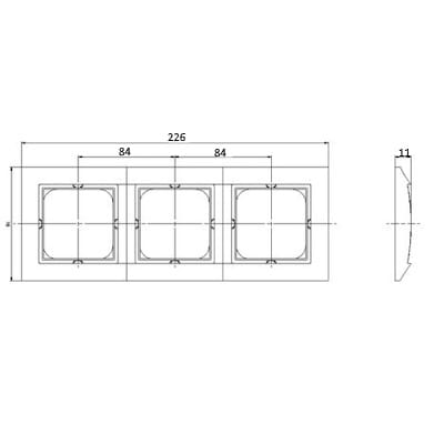 Srebrna ramka potrójna Ospel Impresja, wymiar 226x84 mm, z trzema kwadratowymi miejscami na przełączniki. Rysunek techniczny.