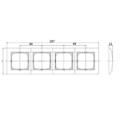 Biała ramka poczwórna Ospel Impresja, model R-4Y/00, z wymiarami 297 mm długości, 84 mm szerokości i 11 mm grubości. Prosty, kwadratowy kształt z czterema miejscami na gniazda, idealna do montażu na ścianie.